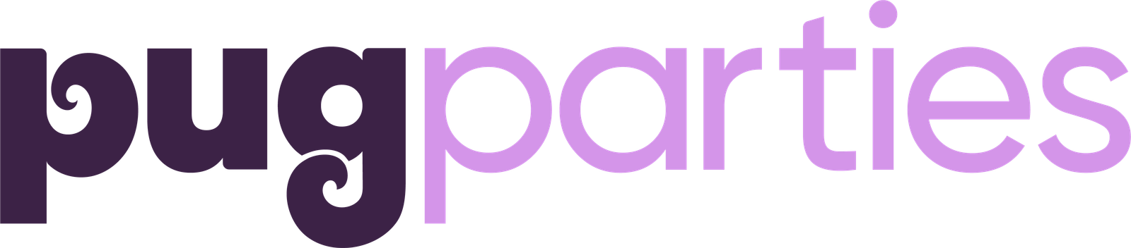 Pug Parties logo with the word “pug” in dark purple and “parties” in light lavender, featuring playful curly tails on the letters “p” and “g” to resemble a pug’s tail.