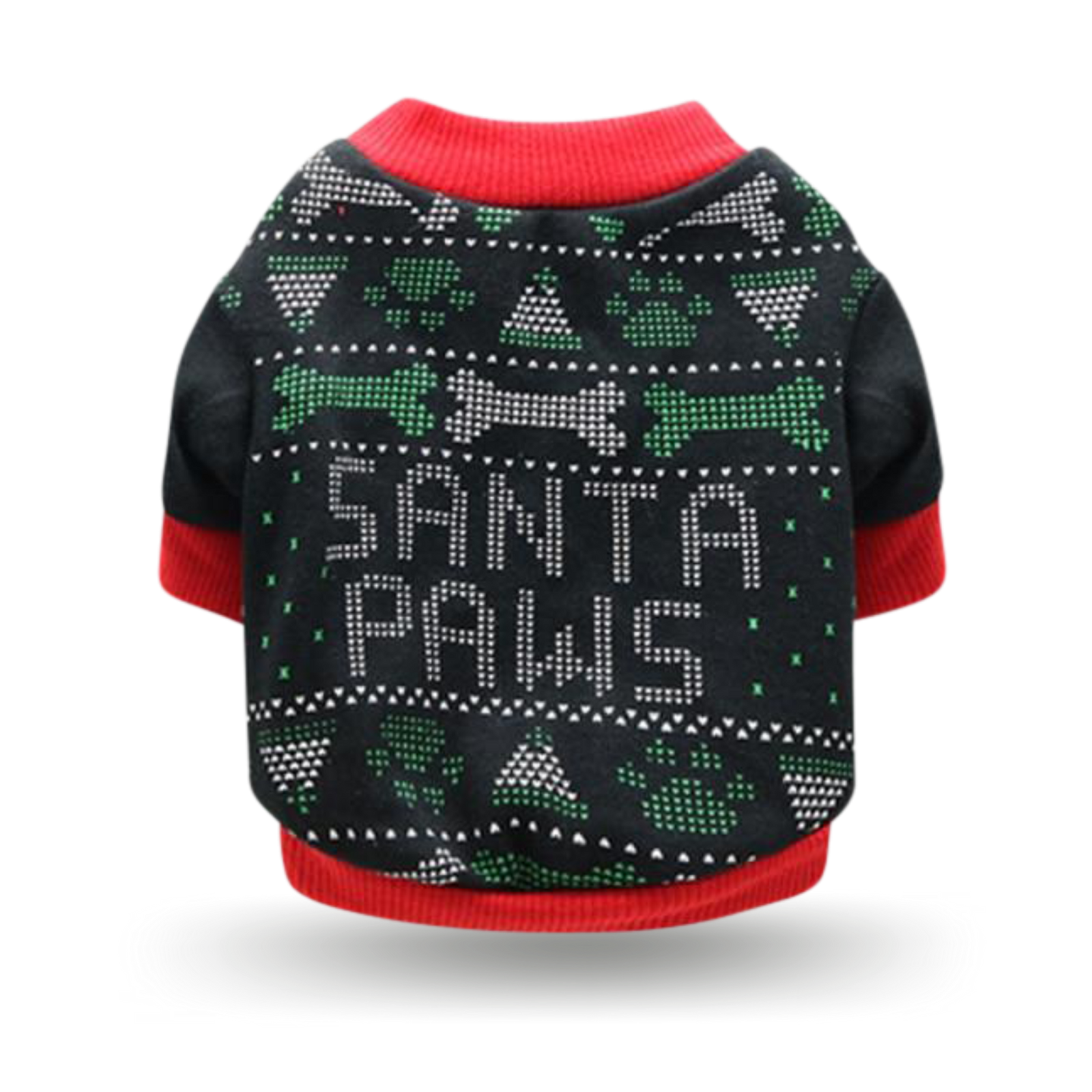 Soft cotton black t-shirt with ribbing collar, arm and waist bands with "Santa paws", bones and paw prints screen printed motif