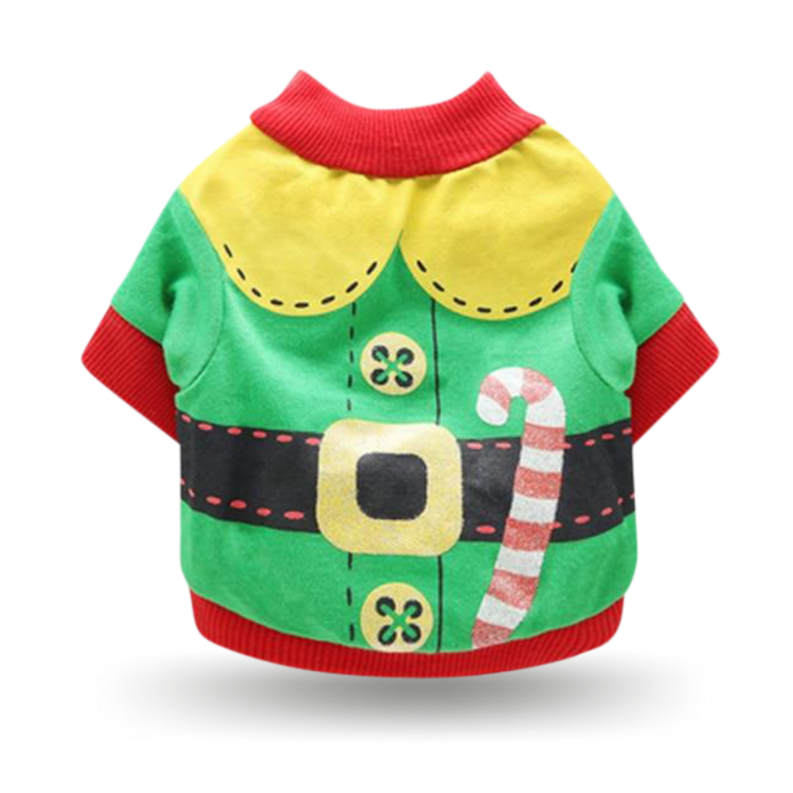 Soft cotton t-shirt with ribbing collar, arm and waist bands with green elf uniform and candy cane screen printed motif