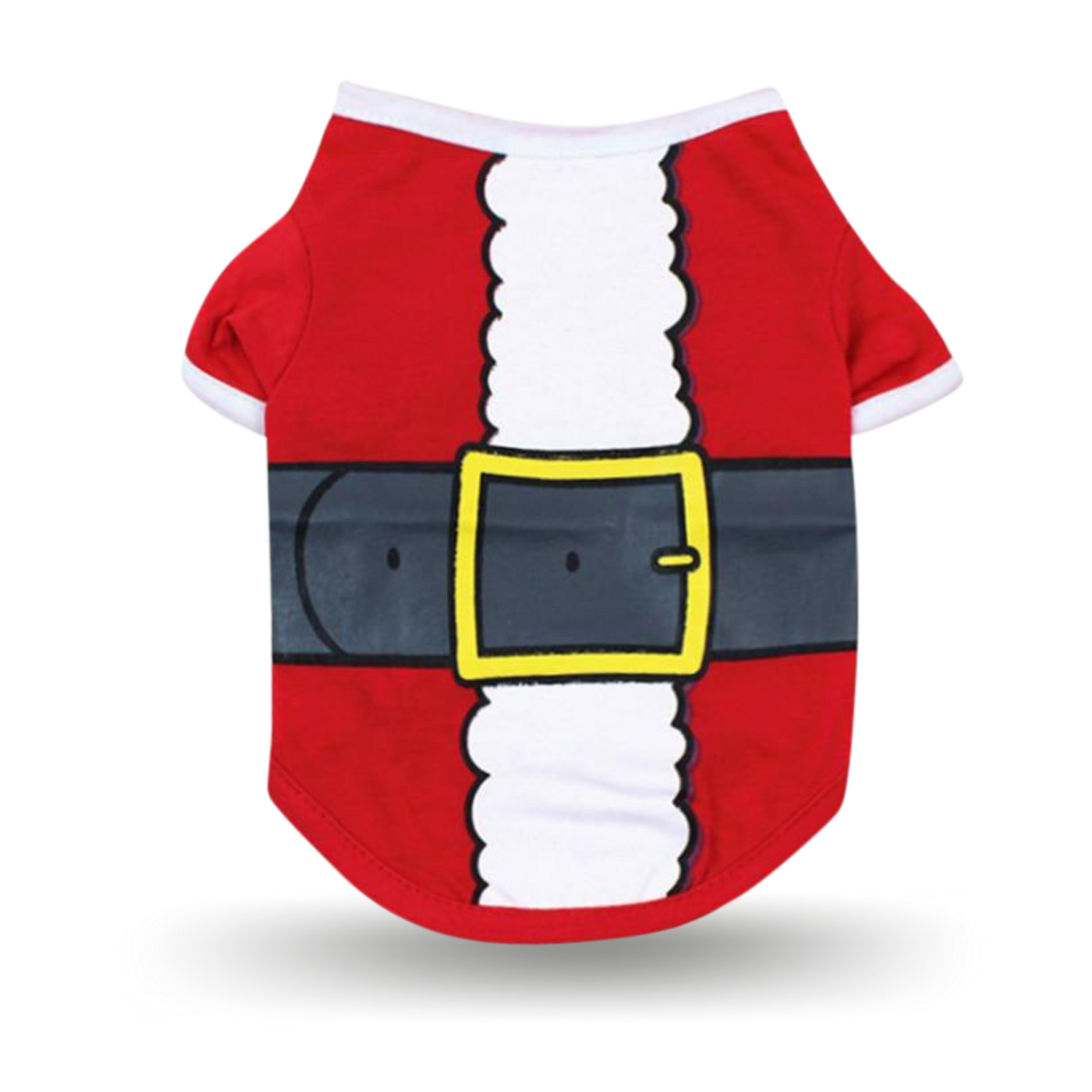 Soft cotton t-shirt with ribbing collar, arm and waist bands with a Santa suit motif screen print